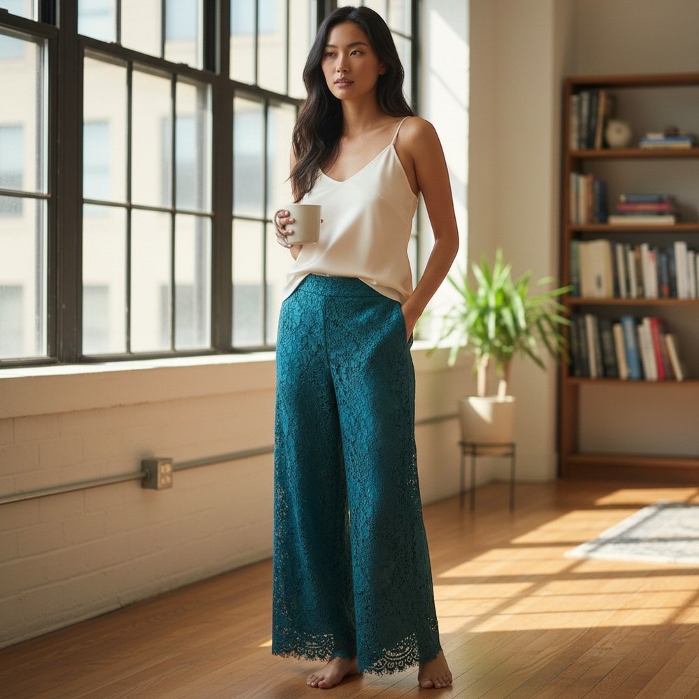 J.Crew Wide Leg Teal Green Corded Floral Lace Pants Women's Size 0